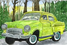 Watercolor Illustration Of A Green Antique Soviet Car On A Country Road In The Forest