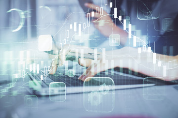 Fototapete - Multi exposure of woman hands typing on computer and financial graph hologram drawing. Stock market analysis concept.
