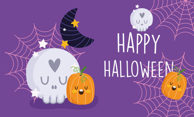 Wall Mural - happy halloween, skull pumpkins moon cobweb stars trick or treat party celebration