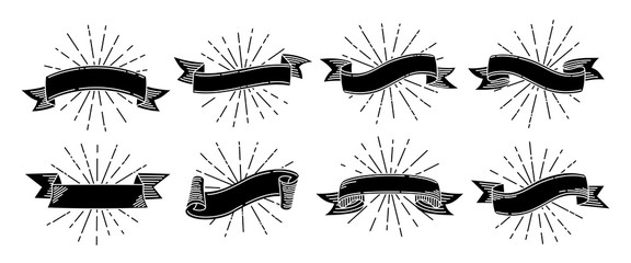 Wall Mural - ribbon doodle retro set. black old engraving hand drawn ribbons. tape with light rays. ancient grung
