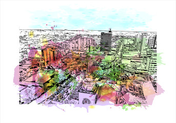 Building view with landmark of Apucarana is a municipality in the state of Paraná in Brazil. Watercolor splash with hand drawn sketch illustration in vector.