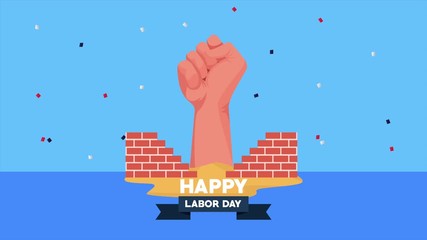 Canvas Print - happy labor day celebration with hand fist and briks wall