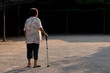 © sceneperfect - Back of old woman standing with walking stick. Aging society concept.