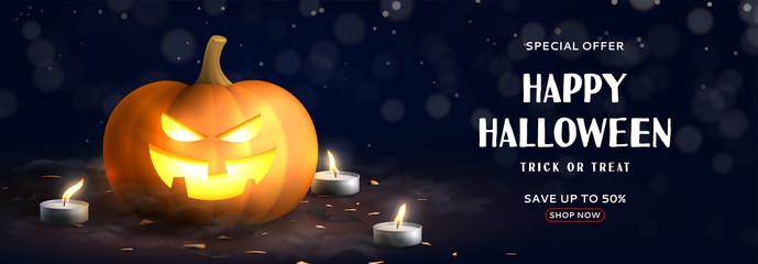 Wall Mural - Happy Halloween holiday sale banner. Festive banner with spooky pumpkins burning candles and confetti on dark background with effect bokeh. Vector illustration.