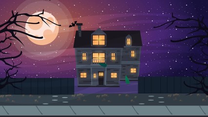 Canvas Print - happy halloween animated scene with haunted house at night