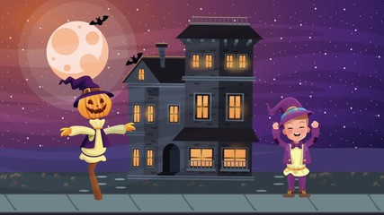 Canvas Print - happy halloween animated scene with scarecrow and haunted house