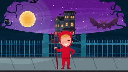 Sticker - happy halloween animated scene with little devil and haunted house