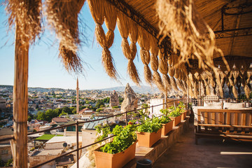 Hotel balcony with amazing view on old turkish village