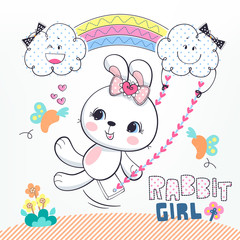 Wall Mural - Little rabbit girl swinging on a swing from a rainbow on white background illustration vector.