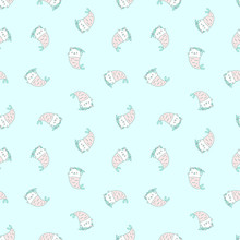 Kawaii Pattern. Illustration Of Happy Kitten Mermaids With Pink Tails On A Light Mint Background. Vector 8 EPS.
