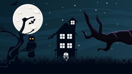 Sticker - happy halloween animated scene with haunted house and owl