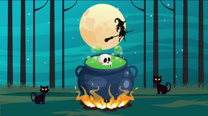 Sticker - happy halloween animated scene with witch cauldron in the field