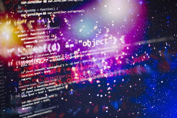 Wall Mural - programming code typing. source code close-up. programmer working on computer screen. real software 