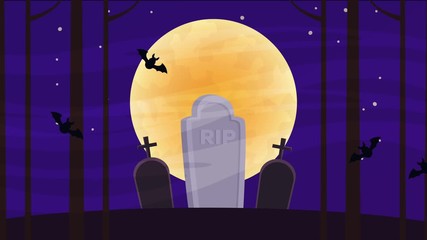 Sticker - happy halloween animated scene with cemetery at night