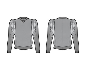 Ribbed cotton-jersey sweatshirt technical fashion illustration with gathered, puffy long sleeves, relaxed fit. Flat jumper apparel template front, back grey color. Women men unisex top knit CAD mockup