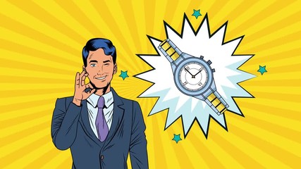 Wall Mural - elegant businessman with speech bubble and fashion accessories pop art style animation