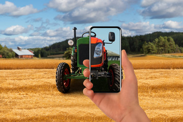 Autocollant - Old tractor on the farm. The farmer points his phone at this and a new modern tractor is shown on the screen.