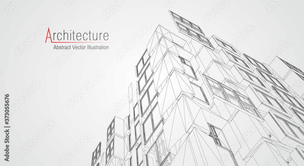 Architecture line background. Building construction sketch vector abstract. Modern city 3d project. Technology geometric grid. Wire blueprint house. Digital architect innovation wireframe. - obrazy, fototapety, plakaty 