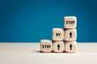 The word step by step on wooden cubes. Achievement or progress in business or career.
