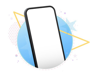 Wall Mural - mobile phone vector mockup with geometric abstract background. frameless black smartphone perpective