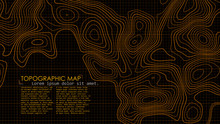Vector Contour Topographic Map. Orange Lines On Black Background.
