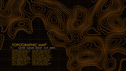 Poster - Vector contour topographic map. Orange lines on black background.