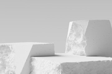 White pieces of Stone wall with broken textured edges, debris stone slabs for product display background. 3d  rendering.