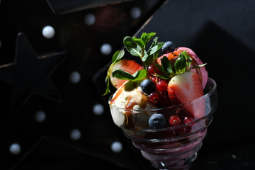 Sticker - Closeup shot of Ice cream dessert with fruits and whipped cream