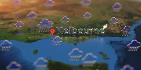Wall Mural - Rainy weather icons near Melbourne city on the map, weather forecast related 3D rendering