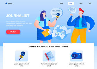 Aufkleber - Journalist flat landing page. Correspondent interviewing man web page. Colorful composition with people characters, vector illustration. Breaking news reportage, TV broadcasting, press release concept
