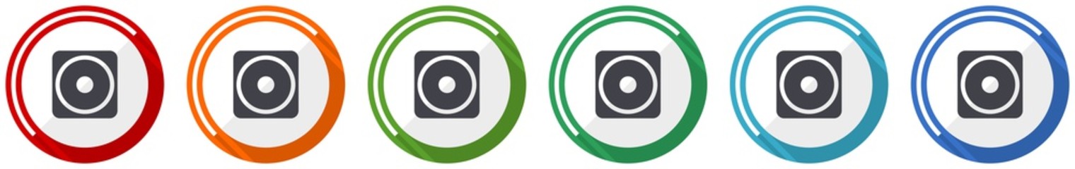 Leinwandbilder - Subwoofer, music, bass speaker icon set, flat design vector illustration in 6 colors options for webdesign and mobile applications