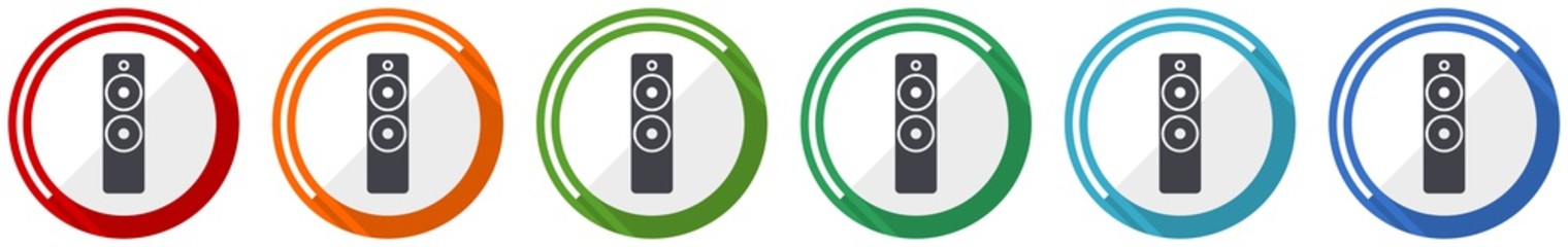 Aufkleber - Music speaker, loudspeaker icon set, flat design vector illustration in 6 colors options for webdesign and mobile applications