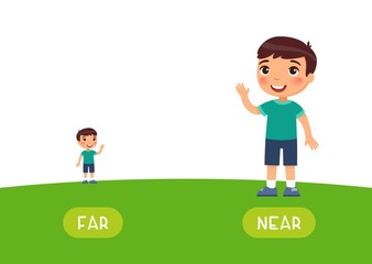 far and near antonyms word card vector template. opposites concept. flashcard for english language l