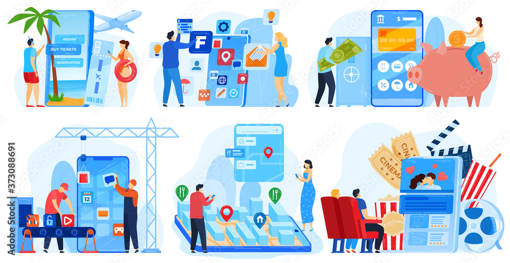 Platform Development Cartoon Business application development vector illustration set. Cartoon flat ...
