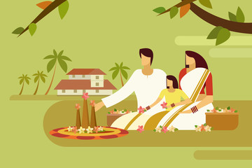 Wall Mural - Traditionally dressed family do floral designs on floor against the background of their home. Concept of Onam festival in Kerala