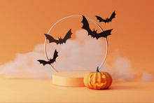 3D Pedestal Podium With Cloud Smoke On Orange Background. Flying Bat And   Pumpkin With Frame Rim. Halloween Jack O Lantern Display Showcase, Product Promotion. Abstract Spooky 3D Render Illustration