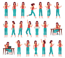 Cartoon woman in casual outfit. Young female character in different poses. Student with various gestures, face expression vector set. Studying with laptop, talking on smartphone, holding textbooks