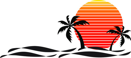 Vector of palm tree silhouettes on a gradient sunset and sea wave. Retro style 80s logo or icon illustration design