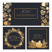 Jewish New Year. Happy Shana Tova, Rosh Hashanah Holiday Symbols And Pomegranate Greeting Posters Vector Template. Golden Fruit And Plant Leaves On Dark Invitation Cards Set, Floral Wreath