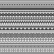 Tribal Indian Borders. Black White Geometric Pattern, Seamless Ethnic Print For Textile Or Tattoo, Mexican And Aztec Vector Ornament. Decoration Traditional Line Elements, Culture Illustration