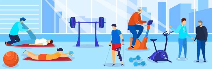 therapy rehabilitation vector illustration. cartoon flat people with disabilities doing rehab sport 