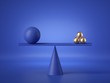© NeoLeo - 3d render, balancing blue and gold balls placed on weighing scales, abstract geometric primitive shapes isolated on blue background. Equivalent or comparison metaphor, balance concept. Minimal design