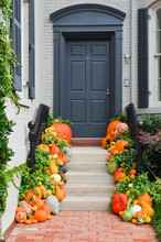 Decorated Pumpkins On The Porch During Halloween And Thanksgiving Season