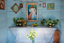 Inside Of Old Traditional Wayside Shrine In Kielce, Poland, Europe. Jesus Picture.