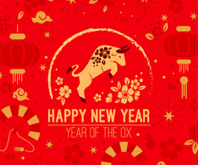 Happy chinese new year 2021 Zodiac sign, year of the ox, red and gold paper cut ox character, flower and Asian elements with craft style on background, Christmas taming for Asian new year, greeting ca