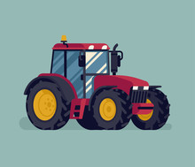 Modern Farm Field Compact Tractor Vector Agricultural Design Element. Farming Heavy Machinery Vehicle. Four Wheel Drive Tractor In Flat Design
