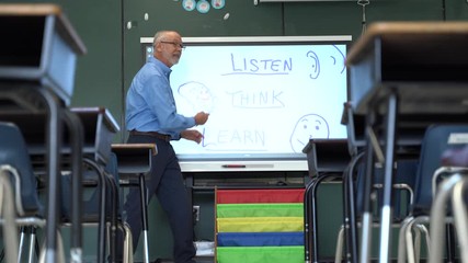 Floor view, camera pulling back from a male teacher using an interactive whiteboard at the front of an empty classroom.