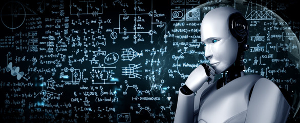 thinking ai humanoid robot analyzing screen of mathematics formula and science equation by using art