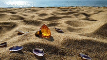 A Raw Piece Of Natural Amber In The Sand, Surrounded By Small Shells Against The Background Of The Sea. Early Morning On A Lonely And Peaceful Beach.
