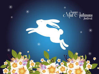 white rabbit with flowers and leaves of happy mid autumn festival vector design